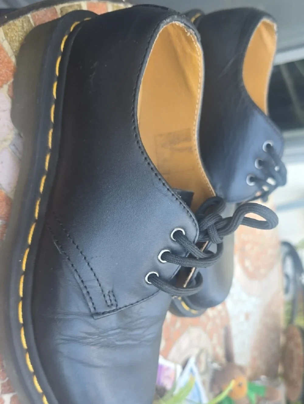 Dr. Martens Black Leather 3-Eye Derby with Yellow Welt Stitch